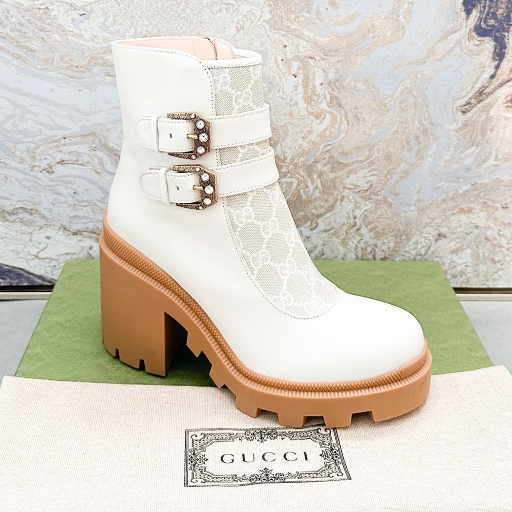 New! Gucci Kensington GG Supreme Monogram  Double Buckle Leather Ankle Boots - Picture 7 of 11